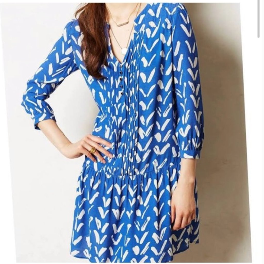 Anthropologie Maeve Blue And White Caravane Geometric Print Dress Size Xs
